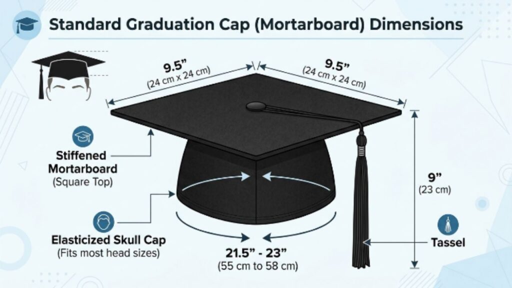 Flat lay of a graduation cap showing the board, button, tassel and soft skull cap base
